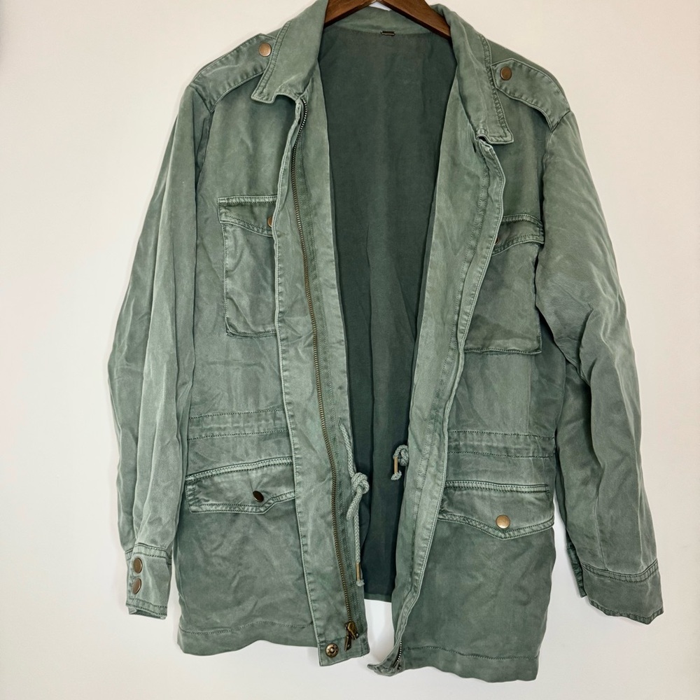 Large YFB Young Fabulous & Broke Amelia Utility Chore Jacket Green Tencel Zip Up